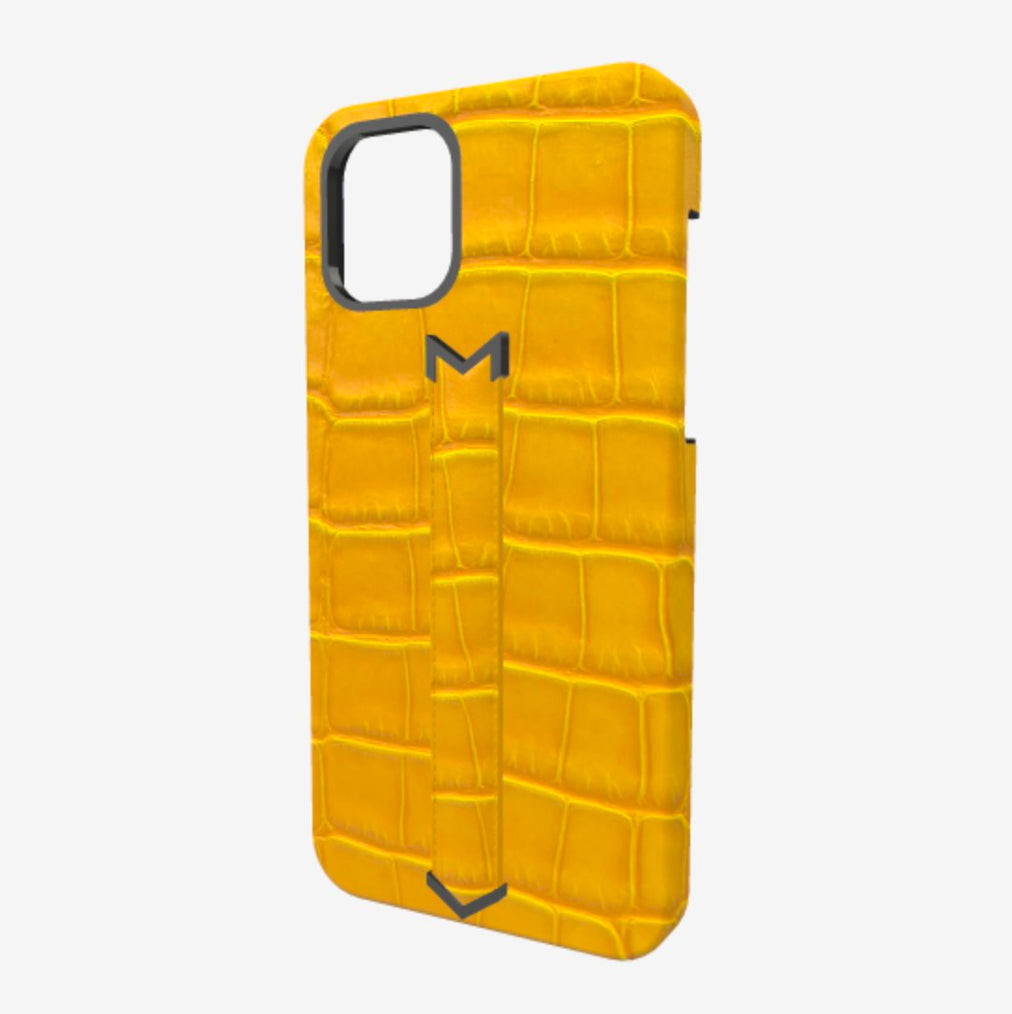 Finger Strap Case for iPhone 12 Pro in Genuine Alligator Sunny Yellow Black Plating 