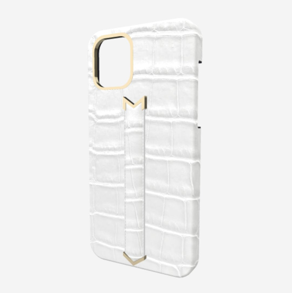 Finger Strap Case for iPhone 12 Pro in Genuine Alligator White Angel Yellow Gold 