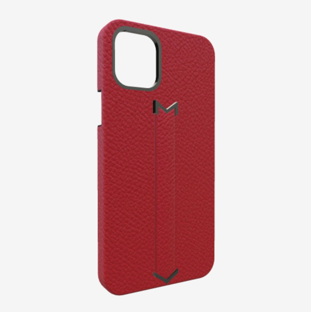 Finger Strap Case for iPhone 12 Pro in Genuine Calfskin Coral Red Black Plating 