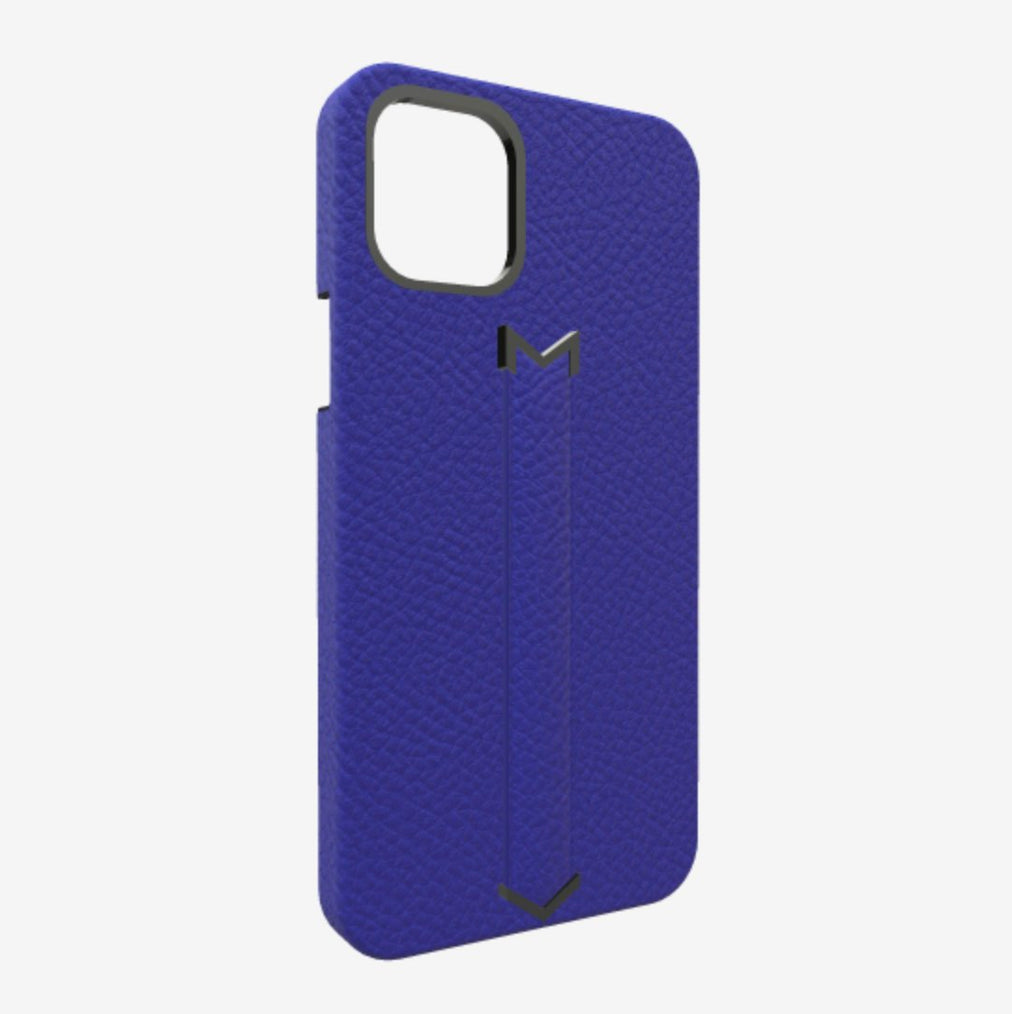 Finger Strap Case for iPhone 12 Pro in Genuine Calfskin Electric Blue Black Plating 