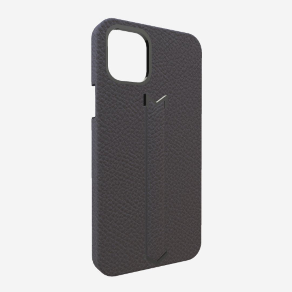 Finger Strap Case for iPhone 12 Pro in Genuine Calfskin Elite Grey Black Plating 