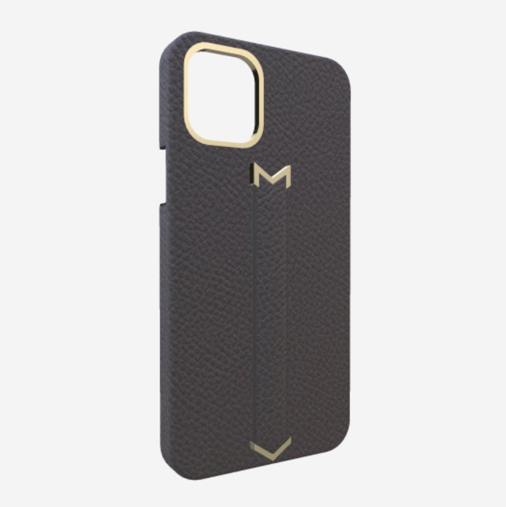 Finger Strap Case for iPhone 12 Pro in Genuine Calfskin Elite Grey Yellow Gold 