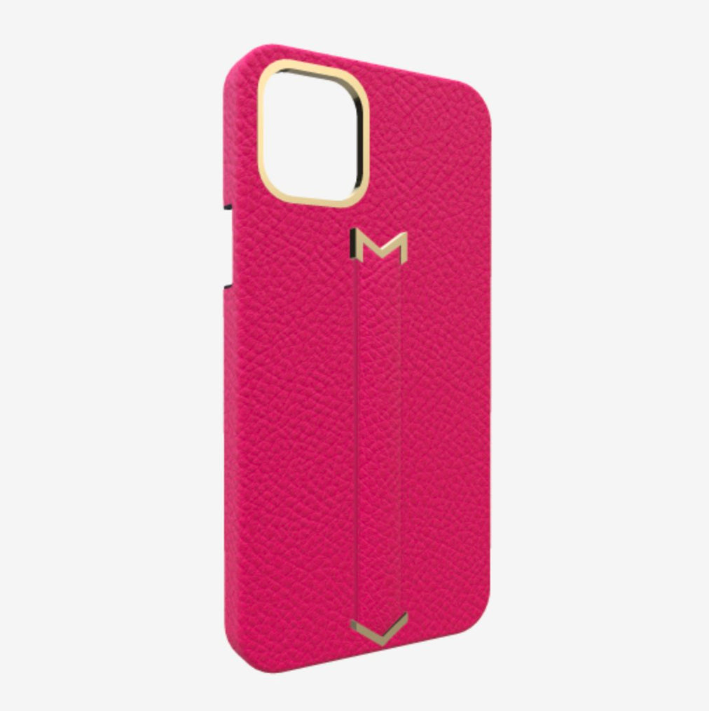 Finger Strap Case for iPhone 12 Pro in Genuine Calfskin Fuchsia Party Yellow Gold 