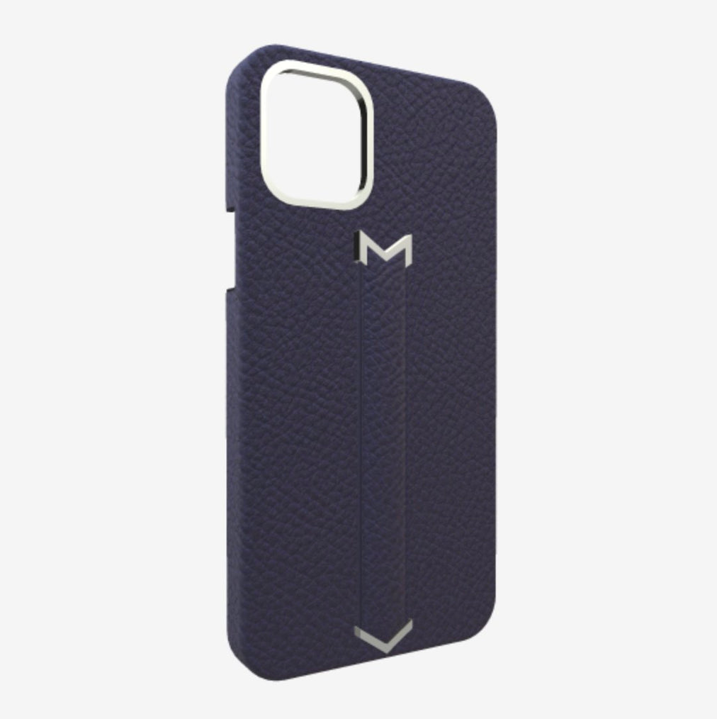 Finger Strap Case for iPhone 12 Pro in Genuine Calfskin Navy Blue Steel 316 