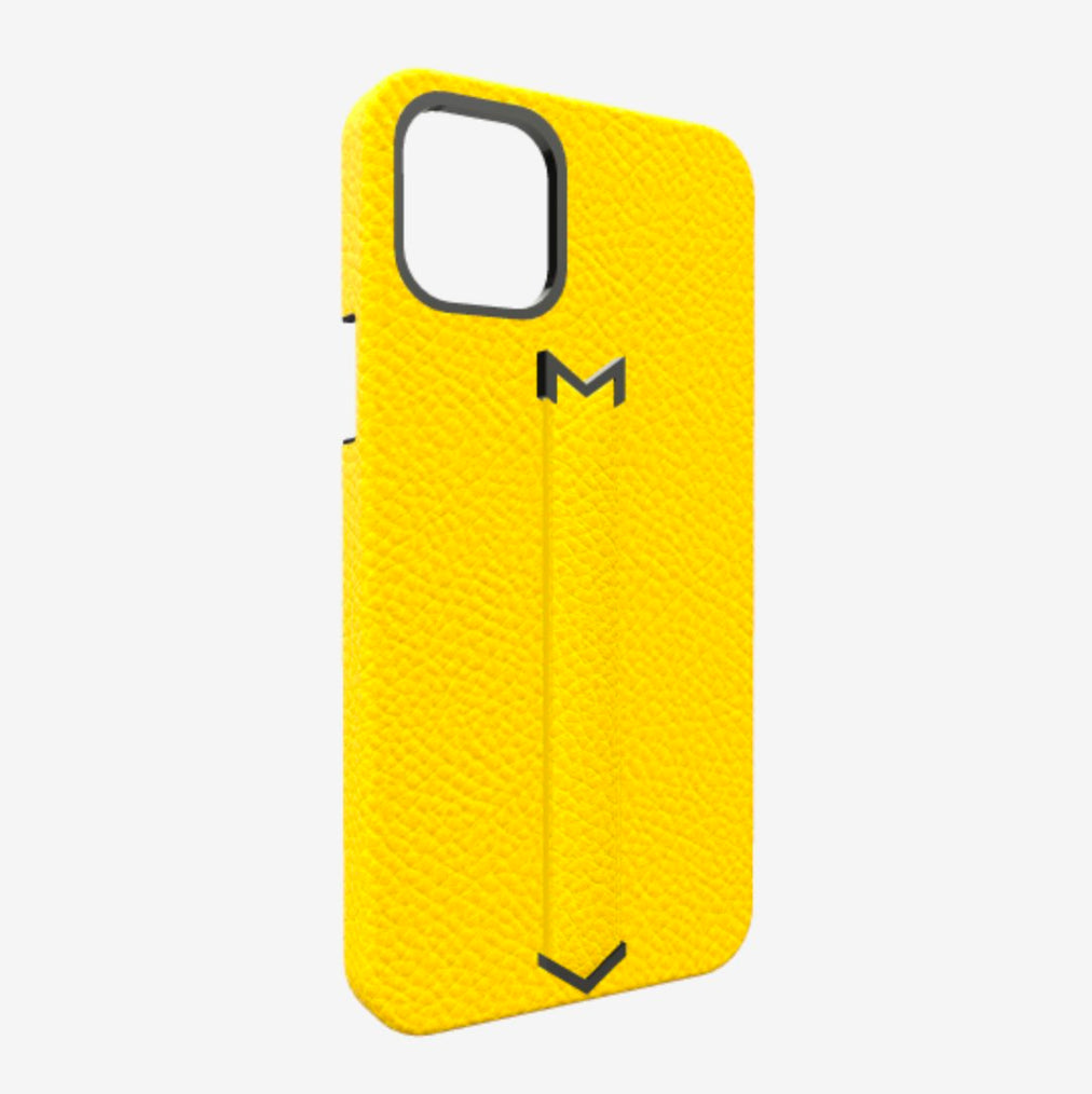 Finger Strap Case for iPhone 12 Pro in Genuine Calfskin Summer Yellow Black Plating 