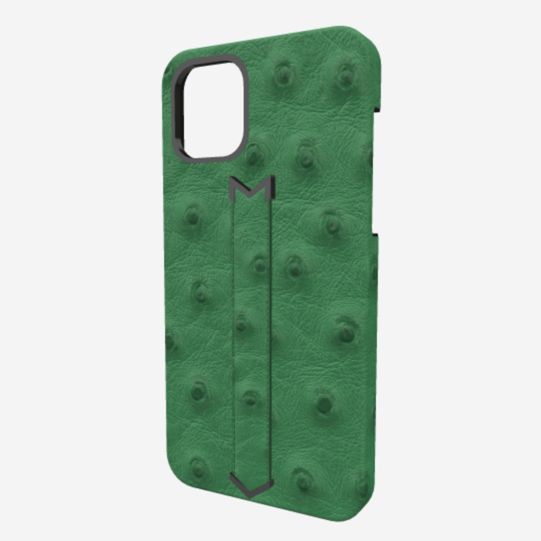 Finger Strap Case for iPhone 12 Pro in Genuine Ostrich Emerald Green Black Plating 