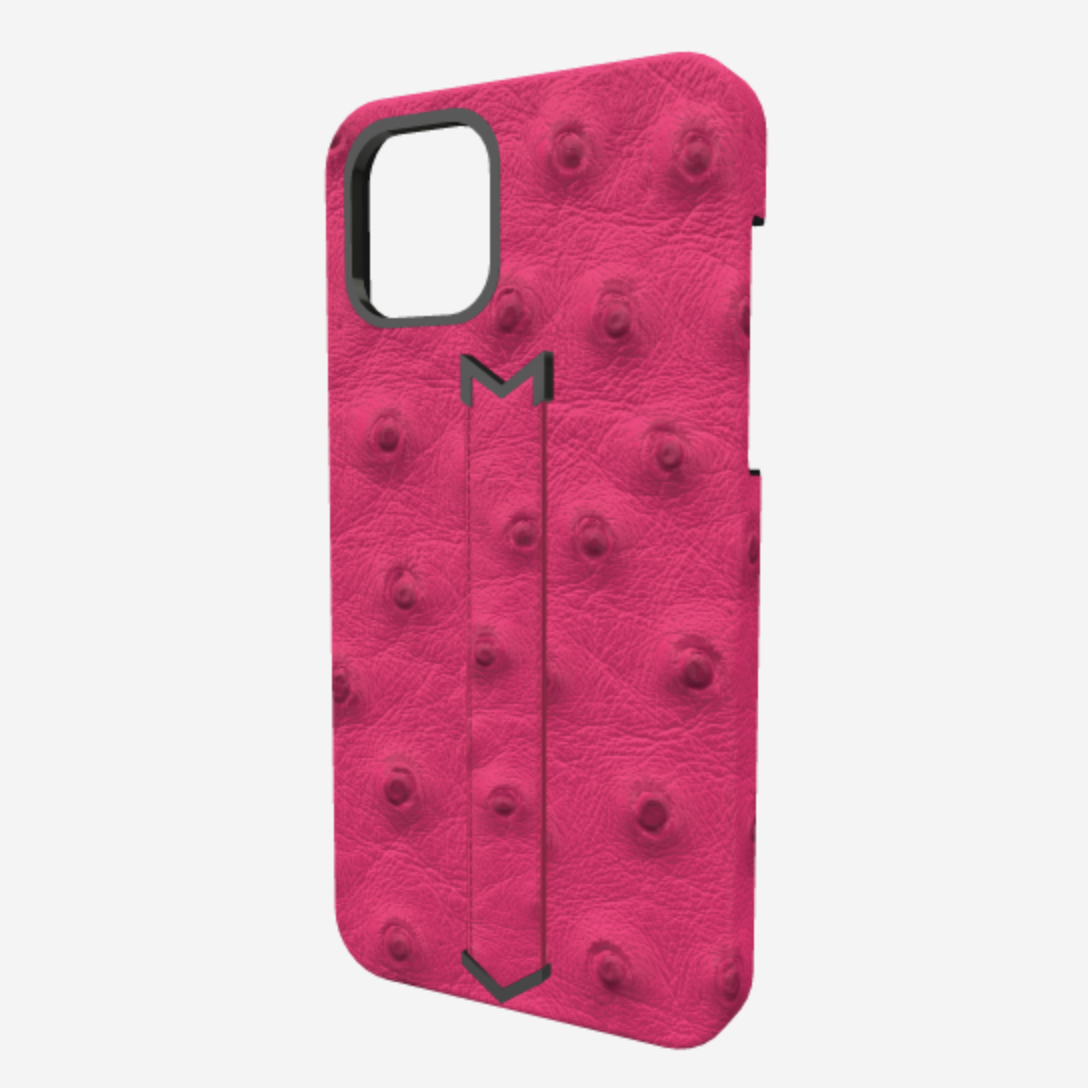 Finger Strap Case for iPhone 12 Pro in Genuine Ostrich Fuchsia Party Black Plating 