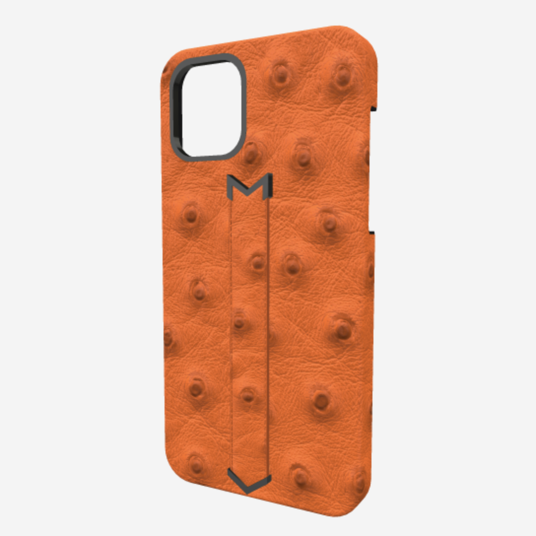 Finger Strap Case for iPhone 12 Pro in Genuine Ostrich Orange Cocktail Black Plating 