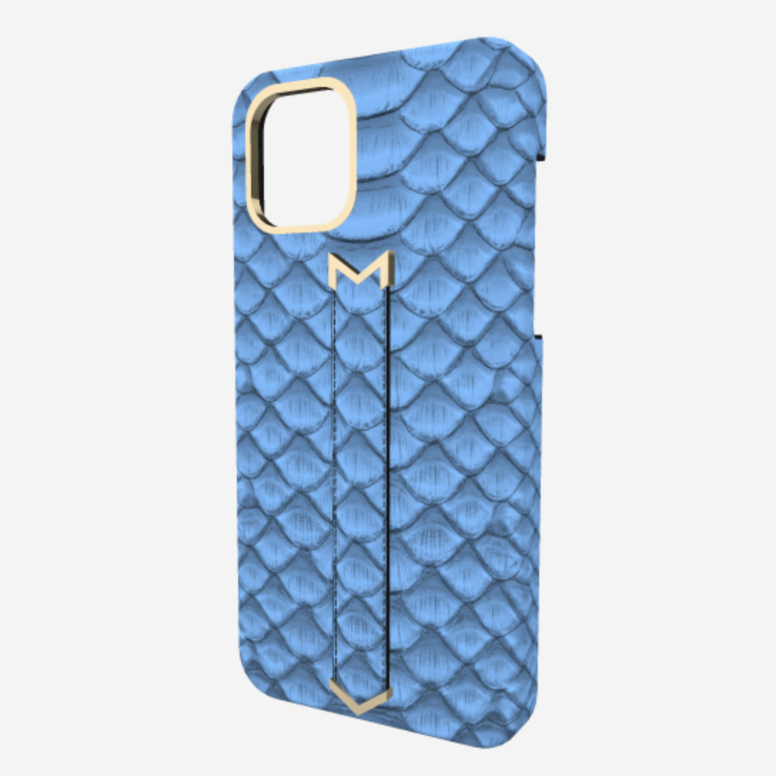 Finger Strap Case for iPhone 12 Pro in Genuine Python Blue Jean Yellow Gold 