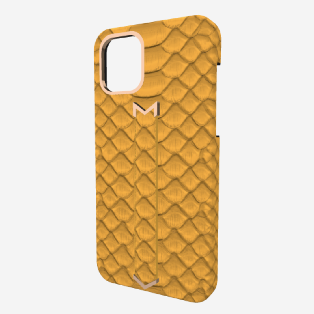 Finger Strap Case for iPhone 12 Pro in Genuine Python Sunny Yellow Rose Gold 