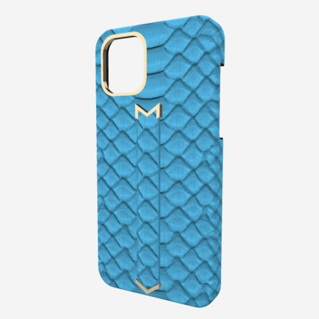 Finger Strap Case for iPhone 12 Pro in Genuine Python Tropical Blue Yellow Gold 