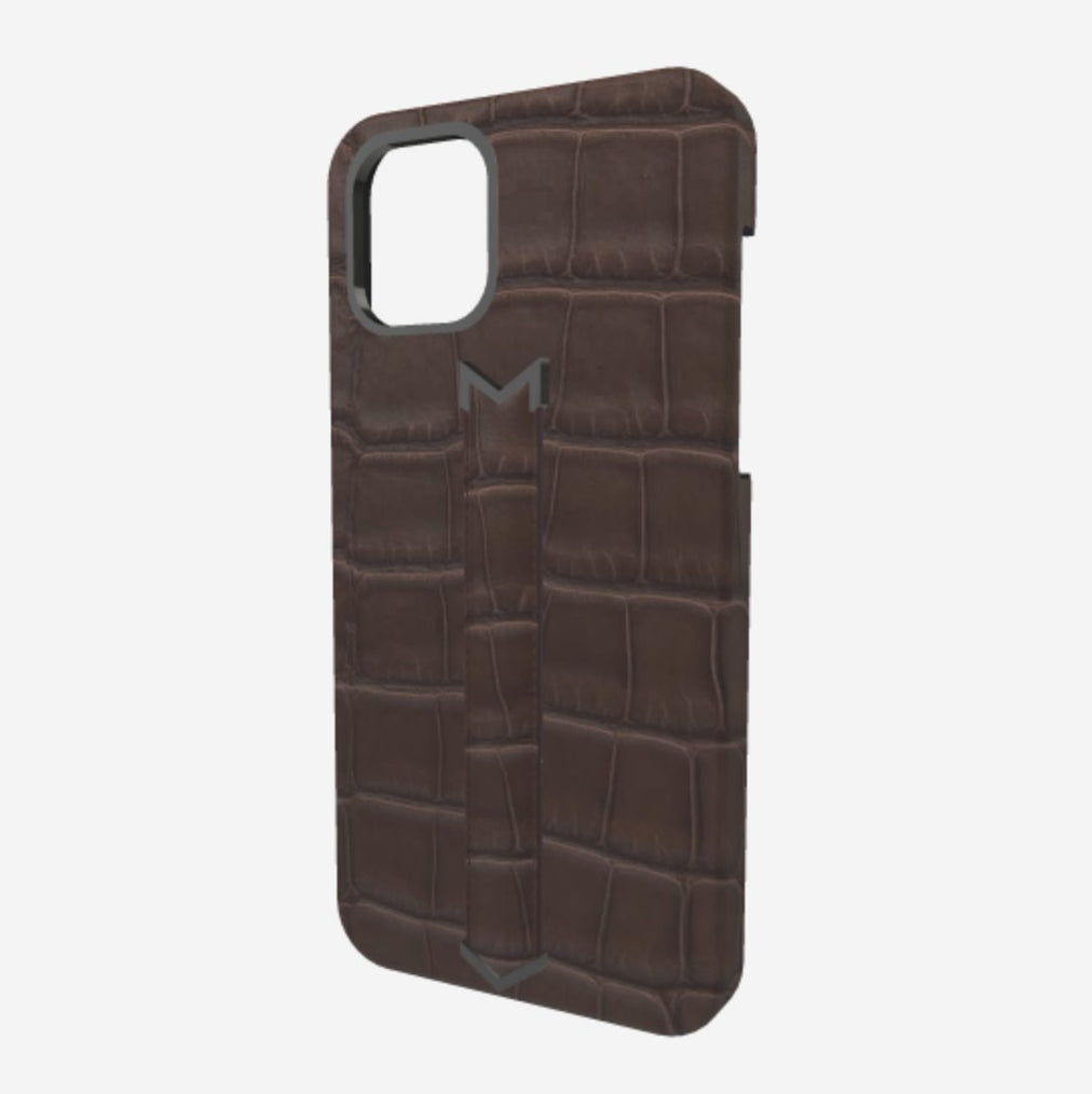 Finger Strap Case for iPhone 12 Pro Max in Genuine Alligator Borsalino Brown Black Plating 