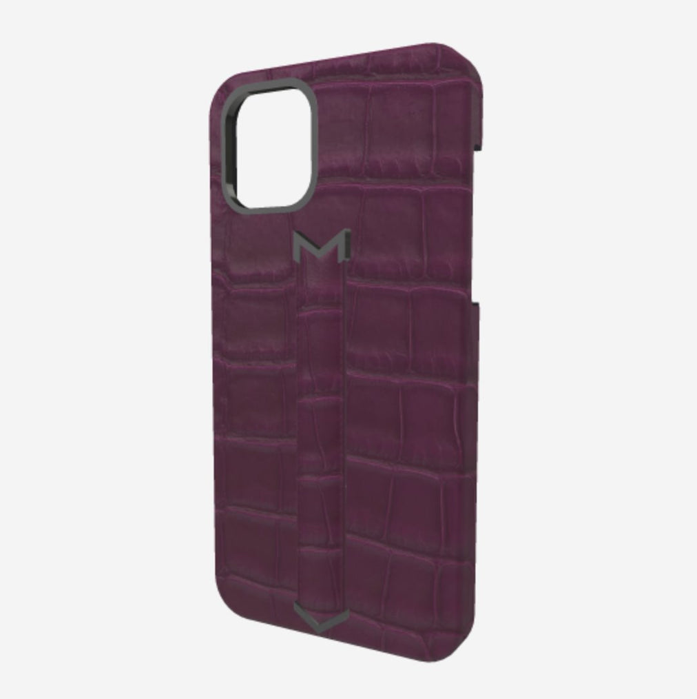 Finger Strap Case for iPhone 12 Pro Max in Genuine Alligator Boysenberry Island Black Plating 