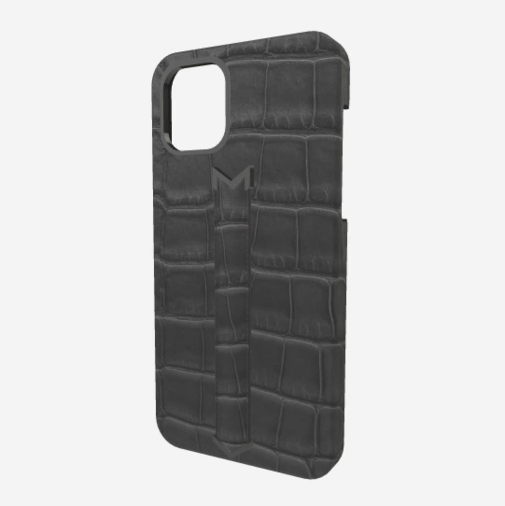 Finger Strap Case for iPhone 12 Pro Max in Genuine Alligator Elite Grey Black Plating 