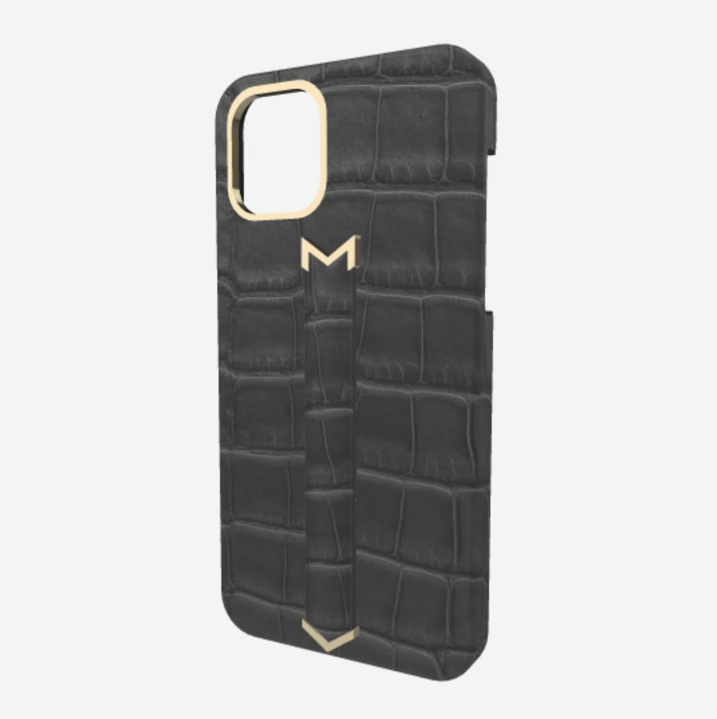Finger Strap Case for iPhone 12 Pro Max in Genuine Alligator Elite Grey Yellow Gold 