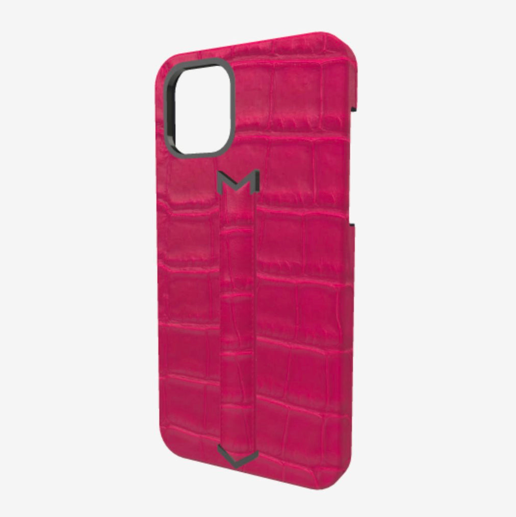 Finger Strap Case for iPhone 12 Pro Max in Genuine Alligator Fuchsia Party Black Plating 