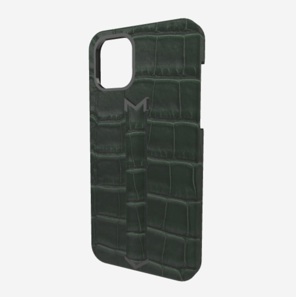 Finger Strap Case for iPhone 12 Pro Max in Genuine Alligator Jungle Green Black Plating 