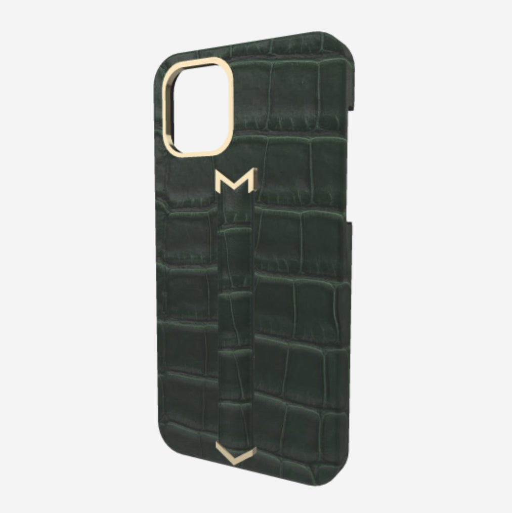 Finger Strap Case for iPhone 12 Pro Max in Genuine Alligator Jungle Green Yellow Gold 