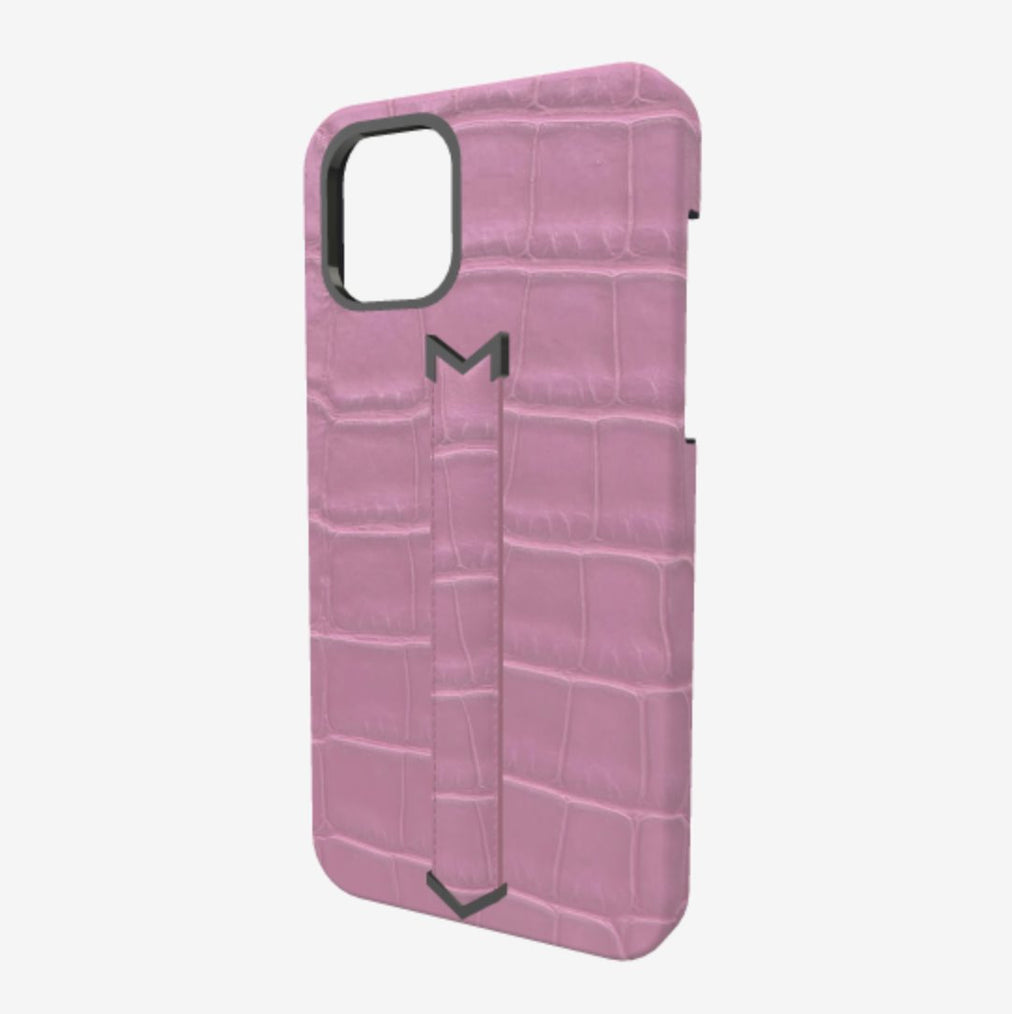Finger Strap Case for iPhone 12 Pro Max in Genuine Alligator Lavender Laugh Black Plating 