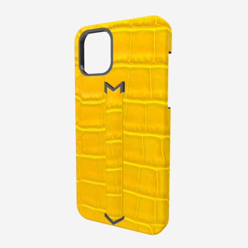 Finger Strap Case for iPhone 12 Pro Max in Genuine Alligator Summer Yellow Black Plating 