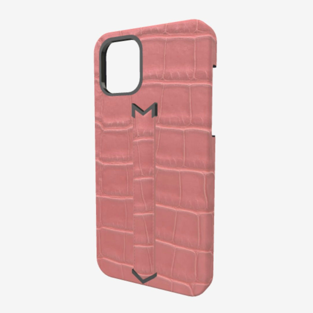 Finger Strap Case for iPhone 12 Pro Max in Genuine Alligator Sweet Rose Black Plating 