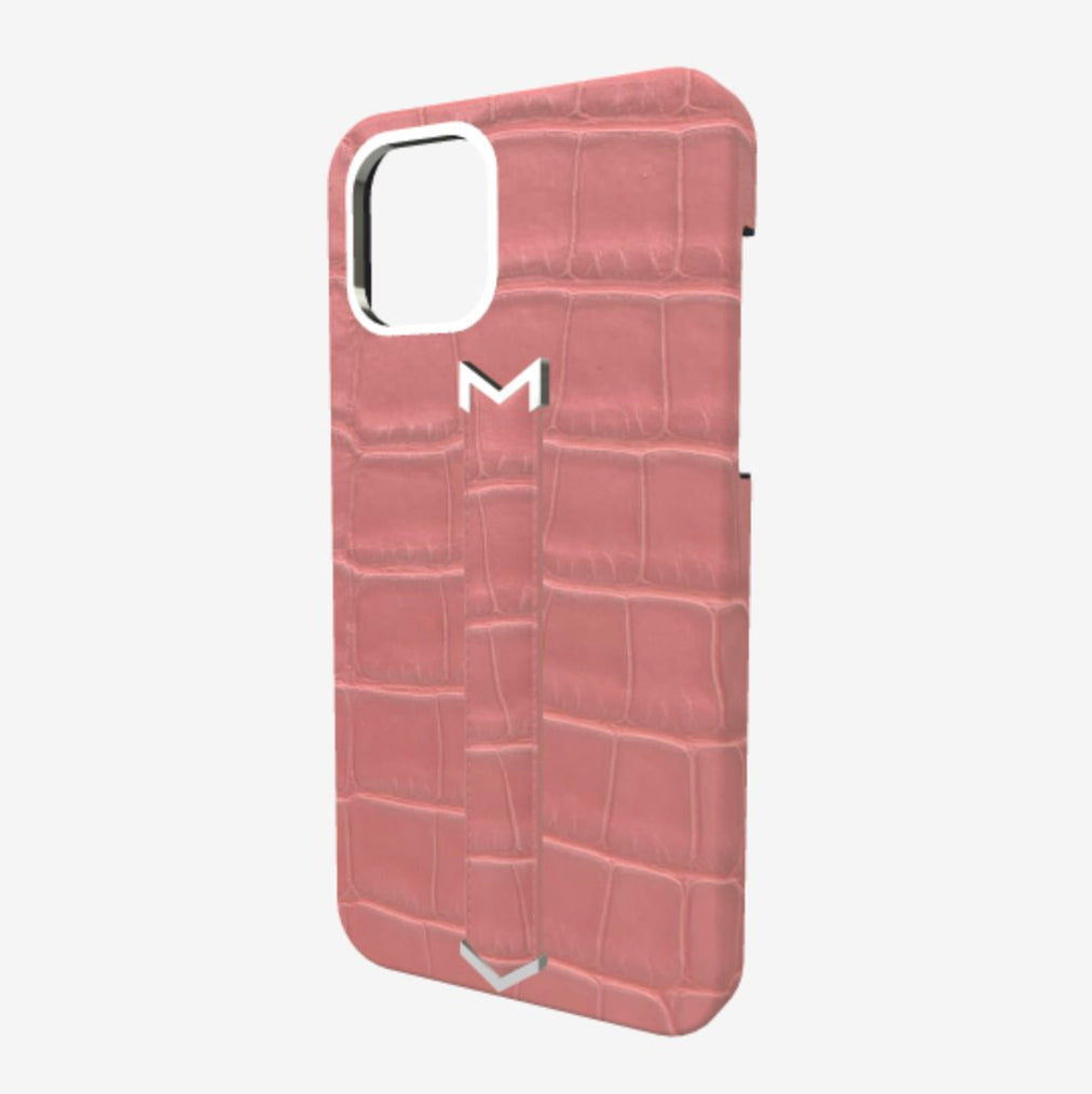 Finger Strap Case for iPhone 12 Pro Max in Genuine Alligator Sweet Rose Steel 316 