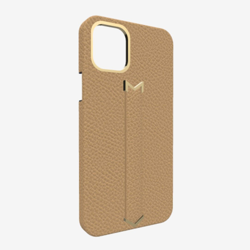 Finger Strap Case for iPhone 12 Pro Max in Genuine Calfskin Beige Desert Yellow Gold 