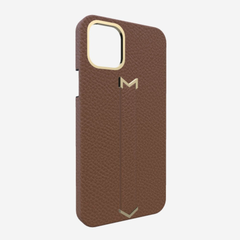 Finger Strap Case for iPhone 12 Pro Max in Genuine Calfskin Belmondo Brown Yellow Gold 