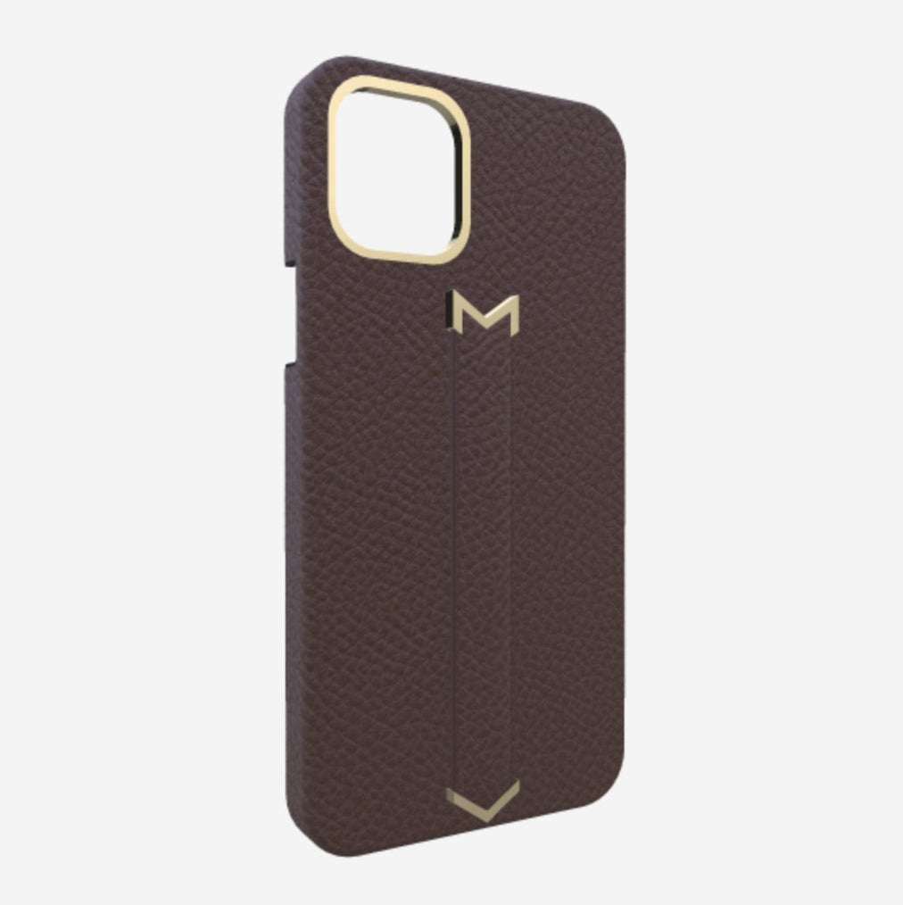 Finger Strap Case for iPhone 12 Pro Max in Genuine Calfskin Borsalino Brown Yellow Gold 