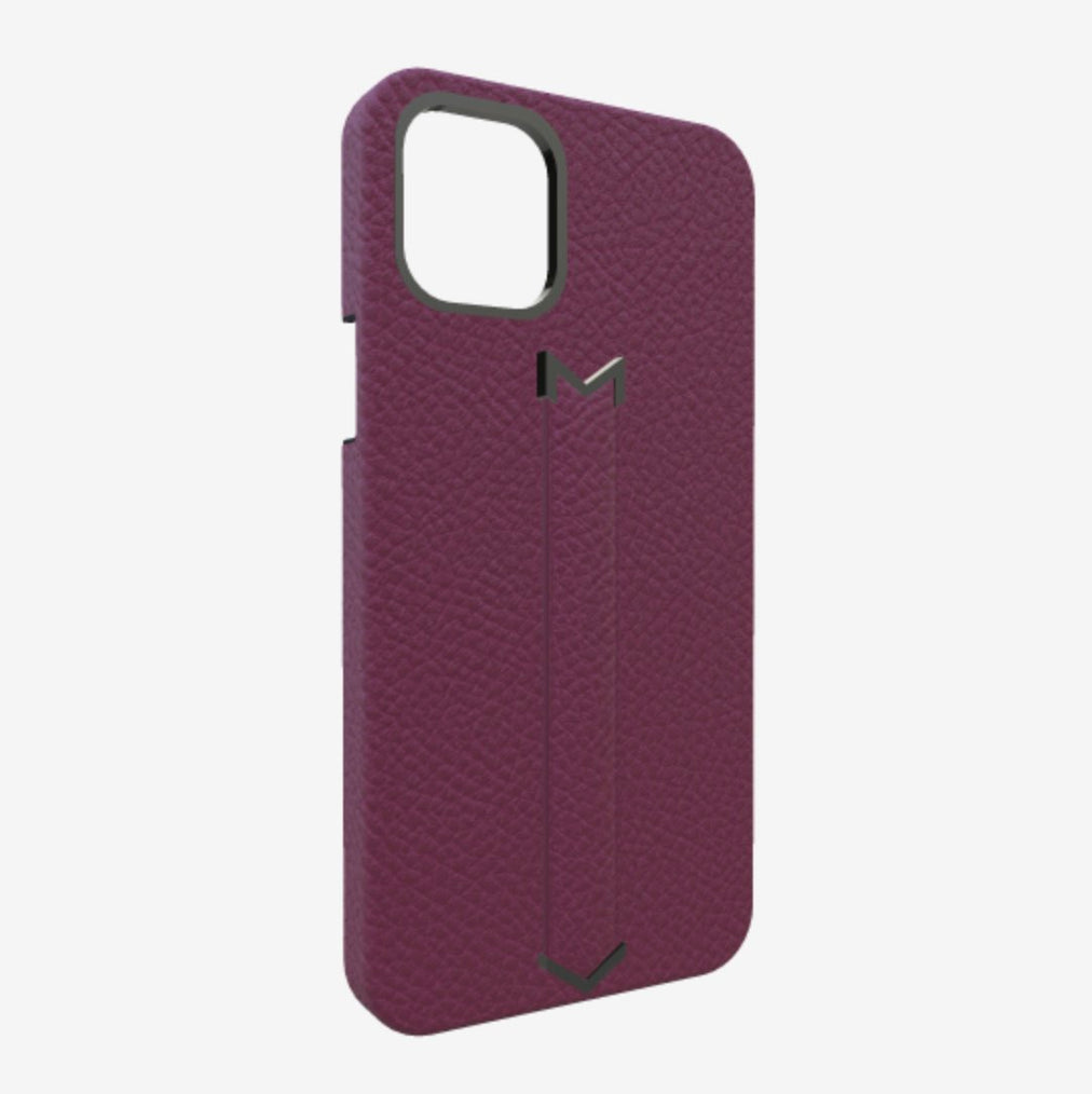 Finger Strap Case for iPhone 12 Pro Max in Genuine Calfskin Boysenberry Island Black Plating 