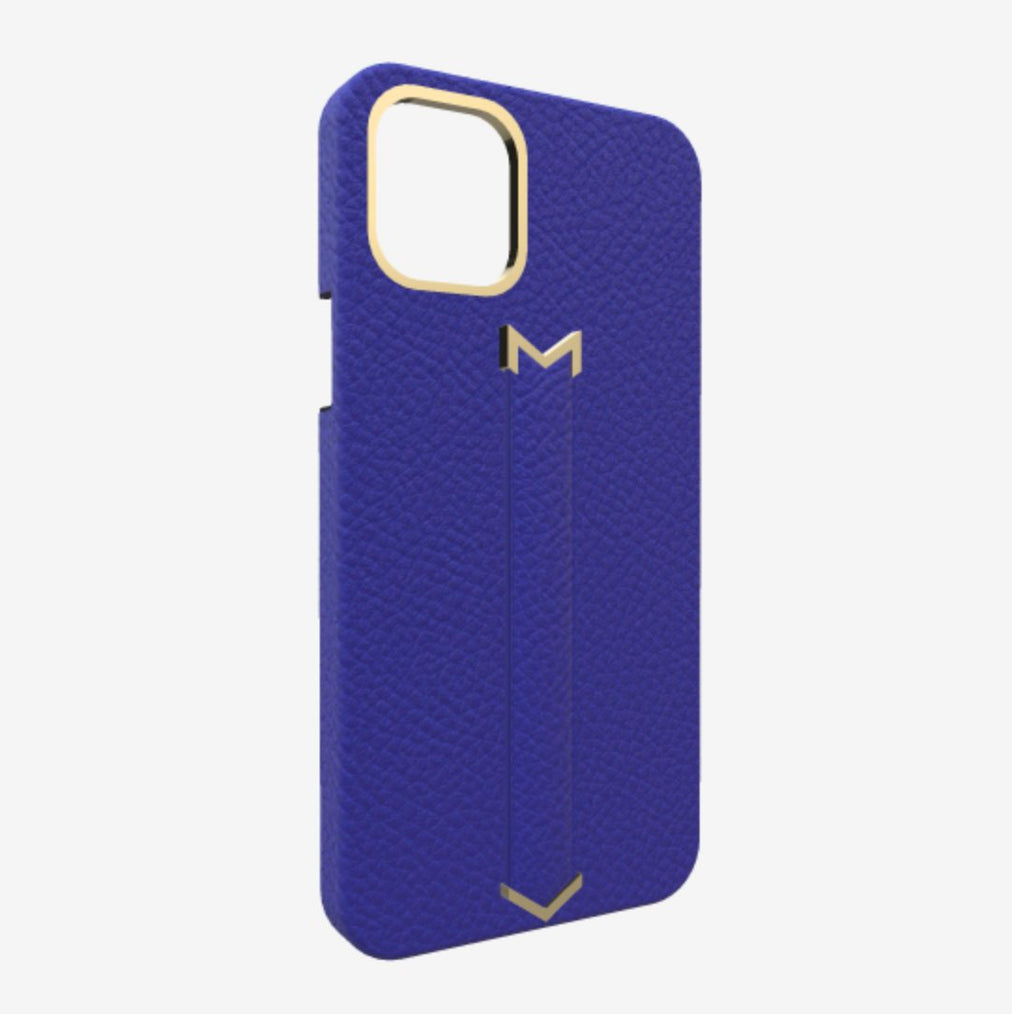 Finger Strap Case for iPhone 12 Pro Max in Genuine Calfskin Electric Blue Yellow Gold 