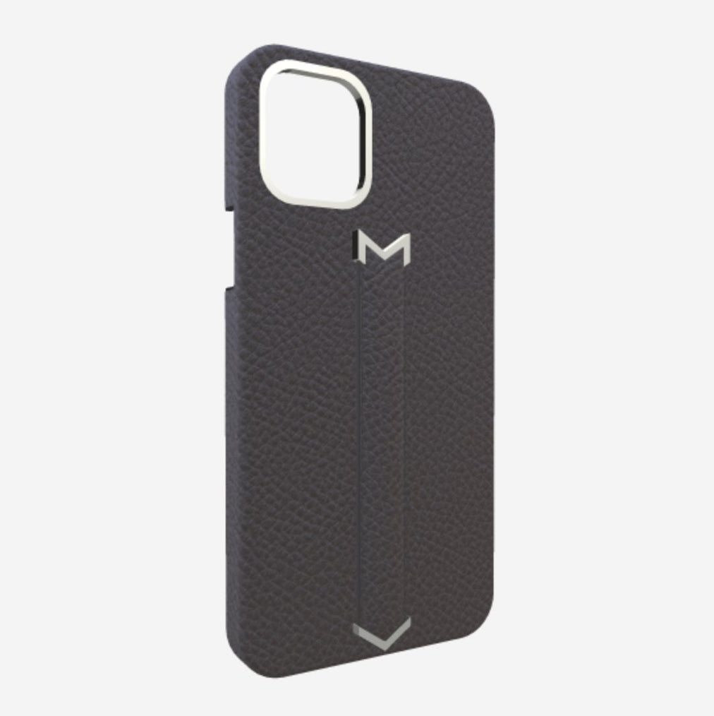 Finger Strap Case for iPhone 12 Pro Max in Genuine Calfskin Elite Grey Steel 316 