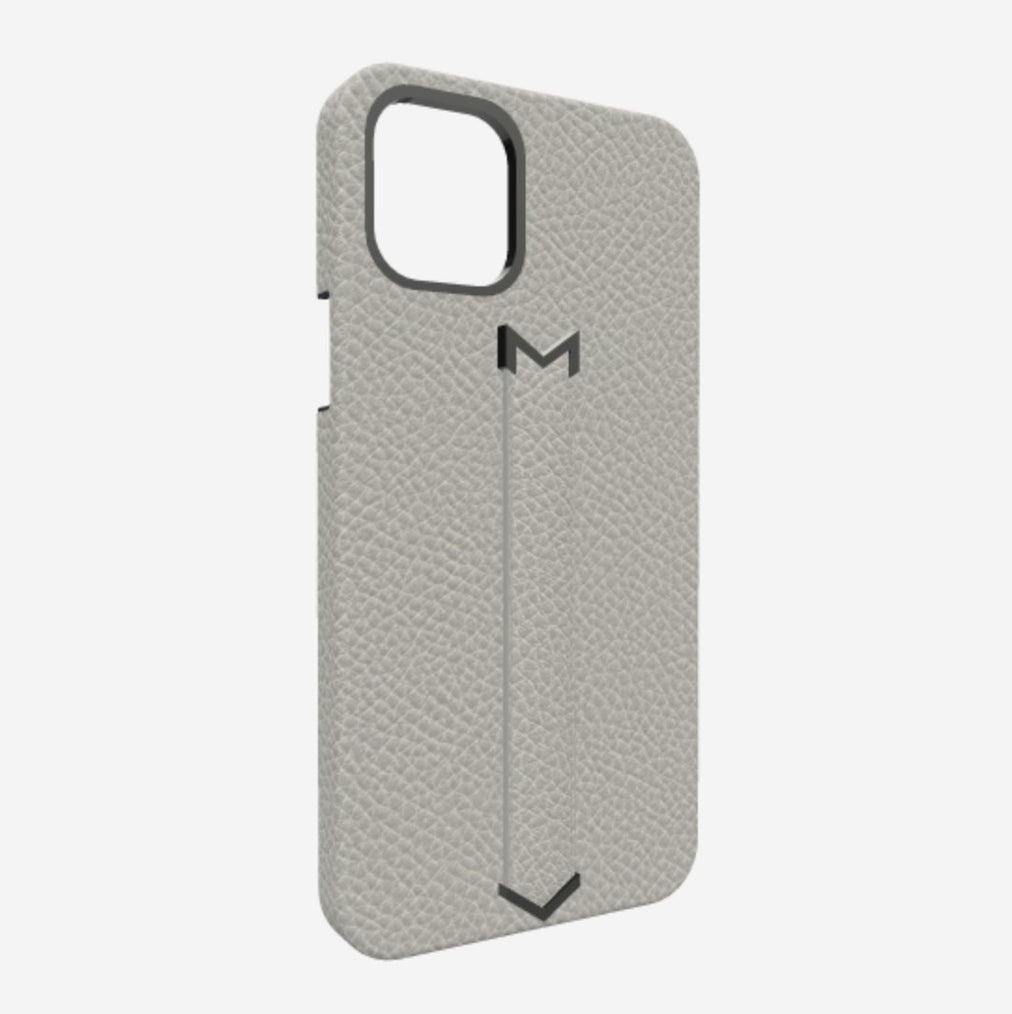 Finger Strap Case for iPhone 12 Pro Max in Genuine Calfskin Pearl Grey Black Plating 