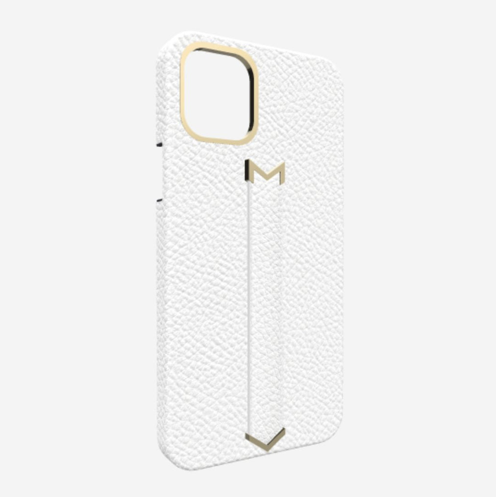 Finger Strap Case for iPhone 12 Pro Max in Genuine Calfskin White Angel Yellow Gold 