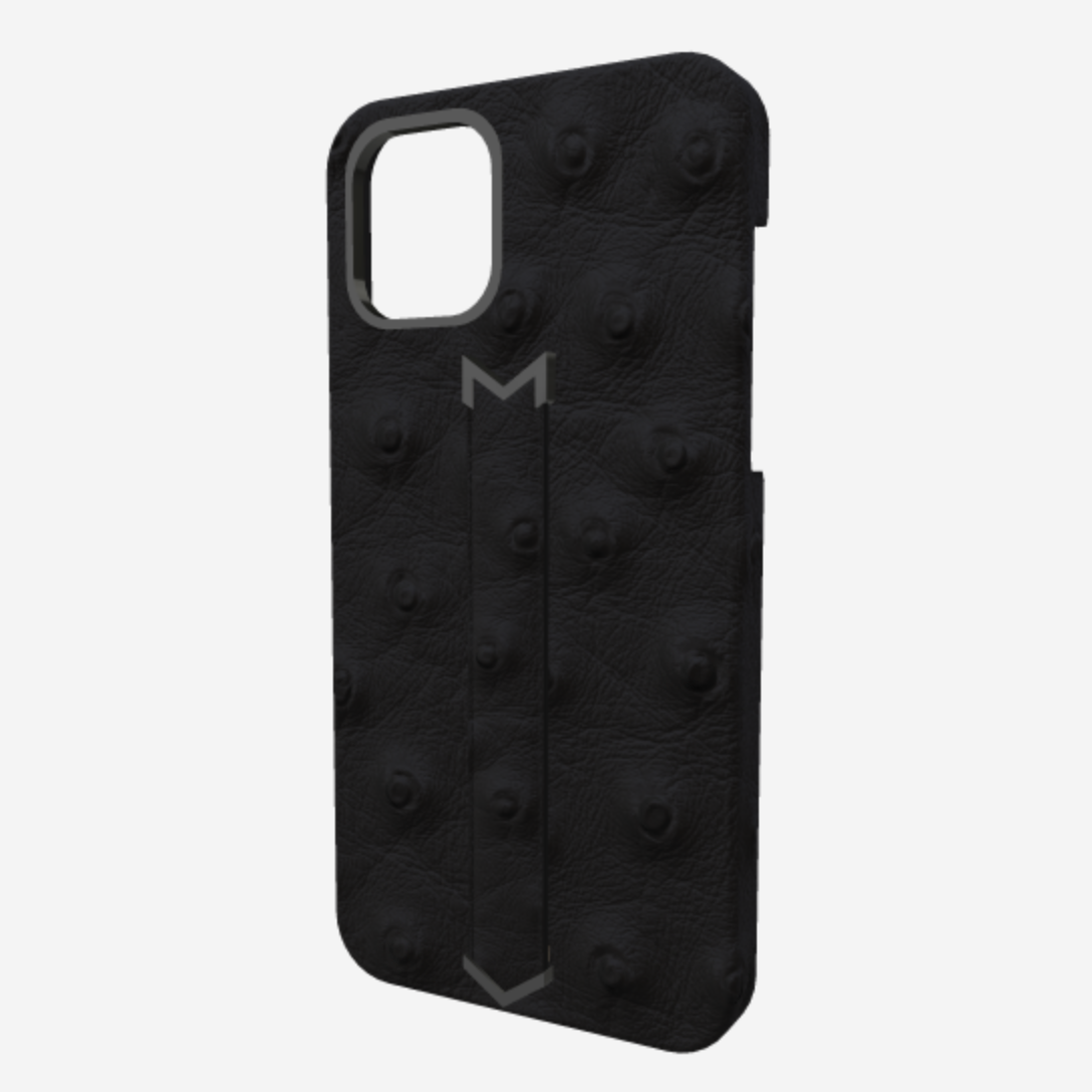 Finger Strap Case for iPhone 12 Pro Max in Genuine Ostrich Bond Black Black Plating 