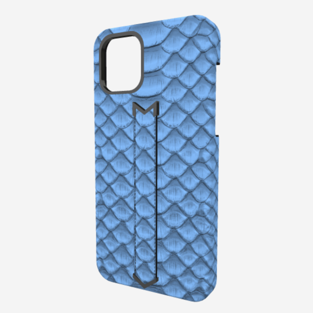 Finger Strap Case for iPhone 12 Pro Max in Genuine Python Blue Jean Black Plating 