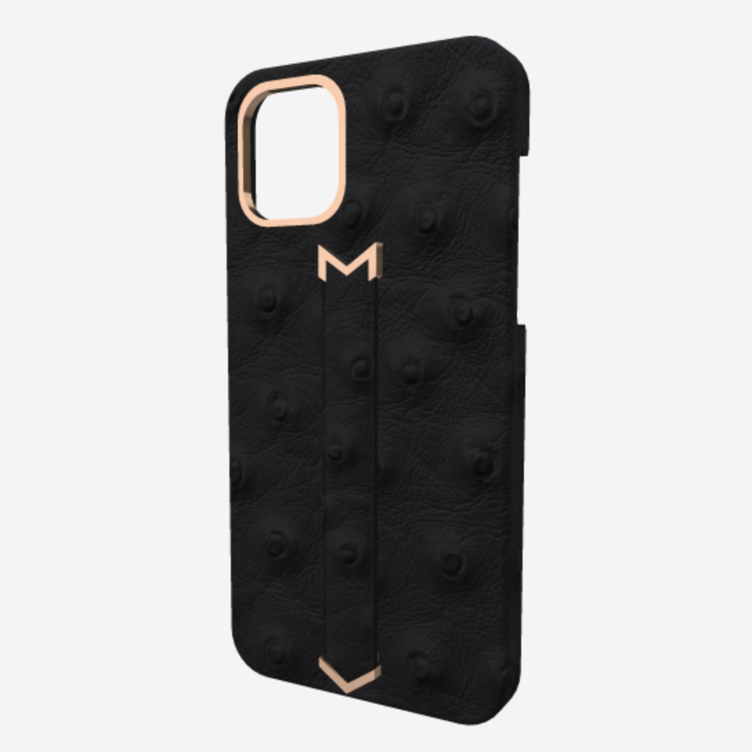 Finger Strap Case for iPhone 13 in Genuine Ostrich Bond Black Rose Gold 