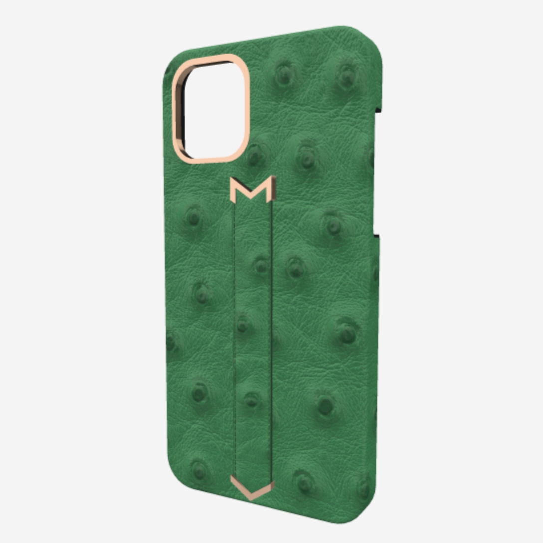 Finger Strap Case for iPhone 13 in Genuine Ostrich Emerald Green Rose Gold 