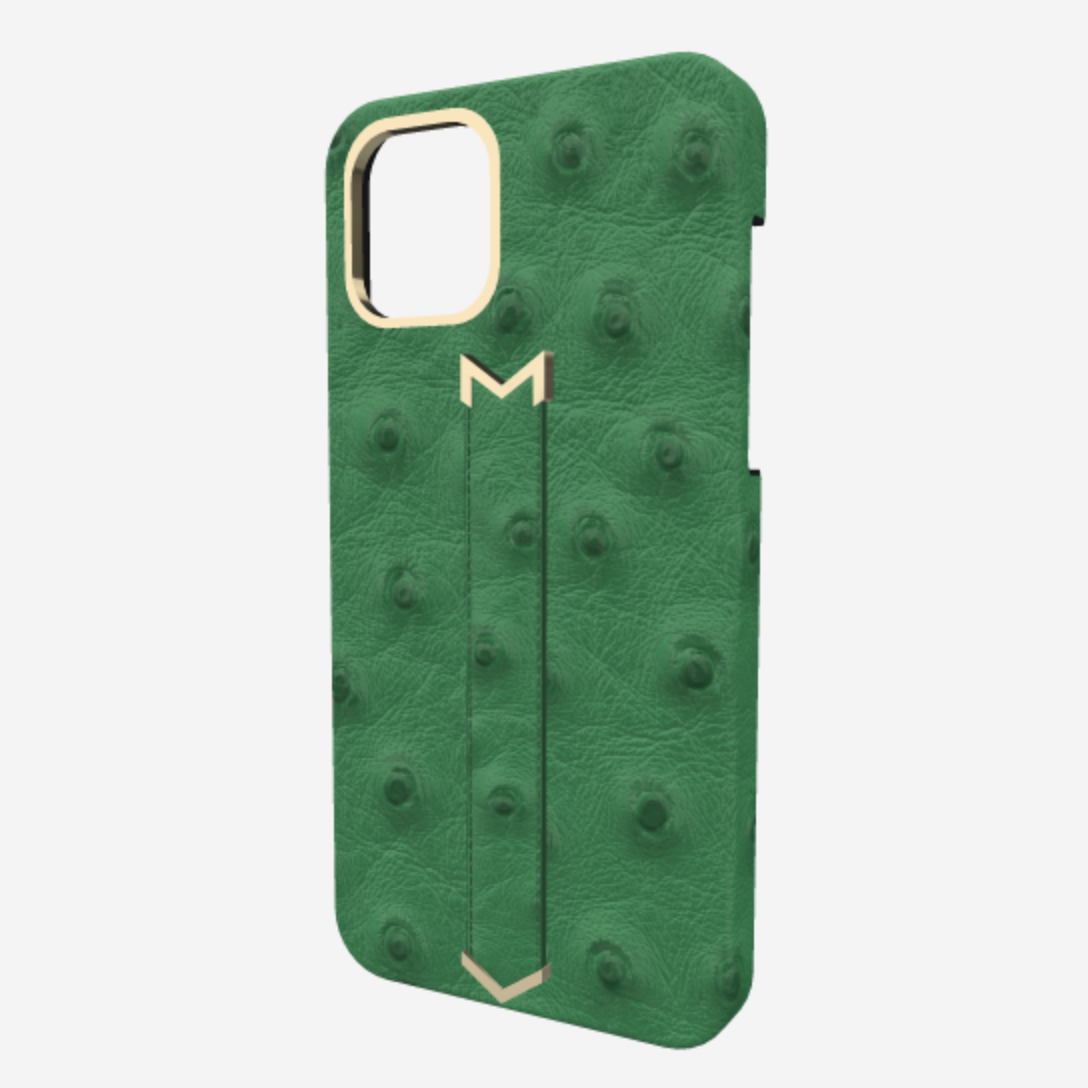 Finger Strap Case for iPhone 13 in Genuine Ostrich Emerald Green Yellow Gold 