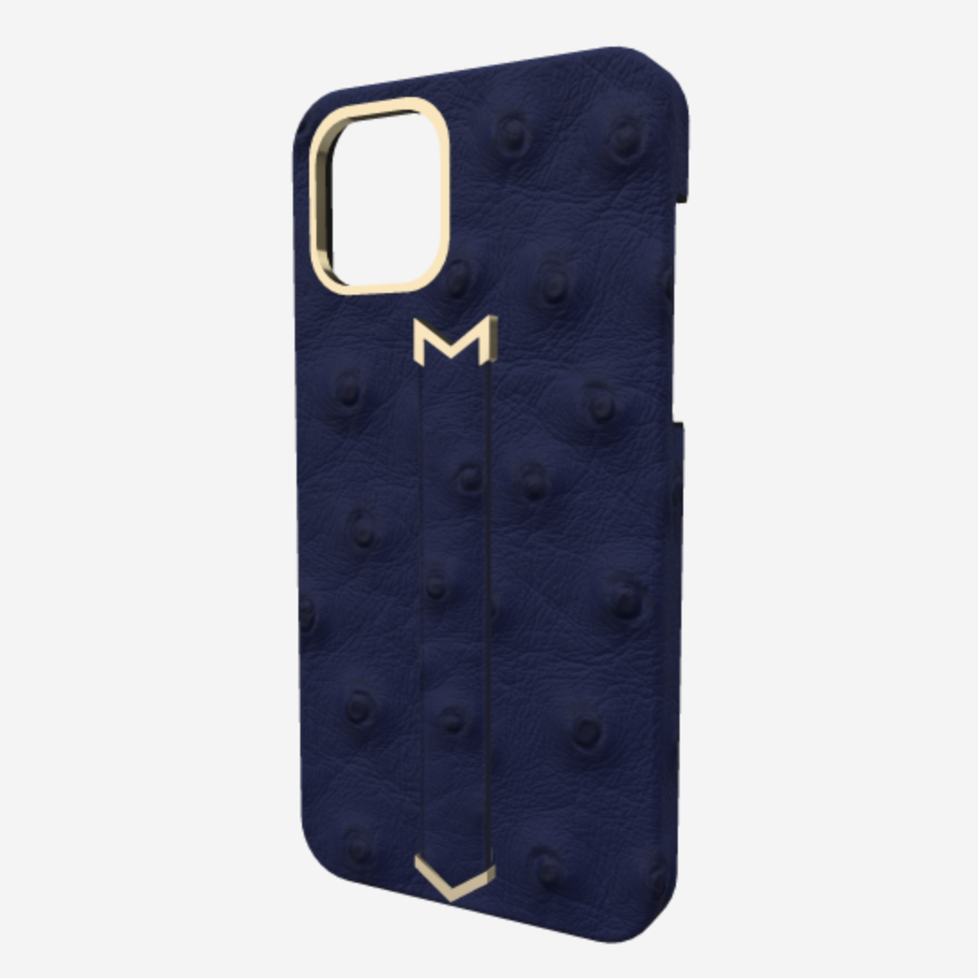 Finger Strap Case for iPhone 13 in Genuine Ostrich Navy Blue Yellow Gold 