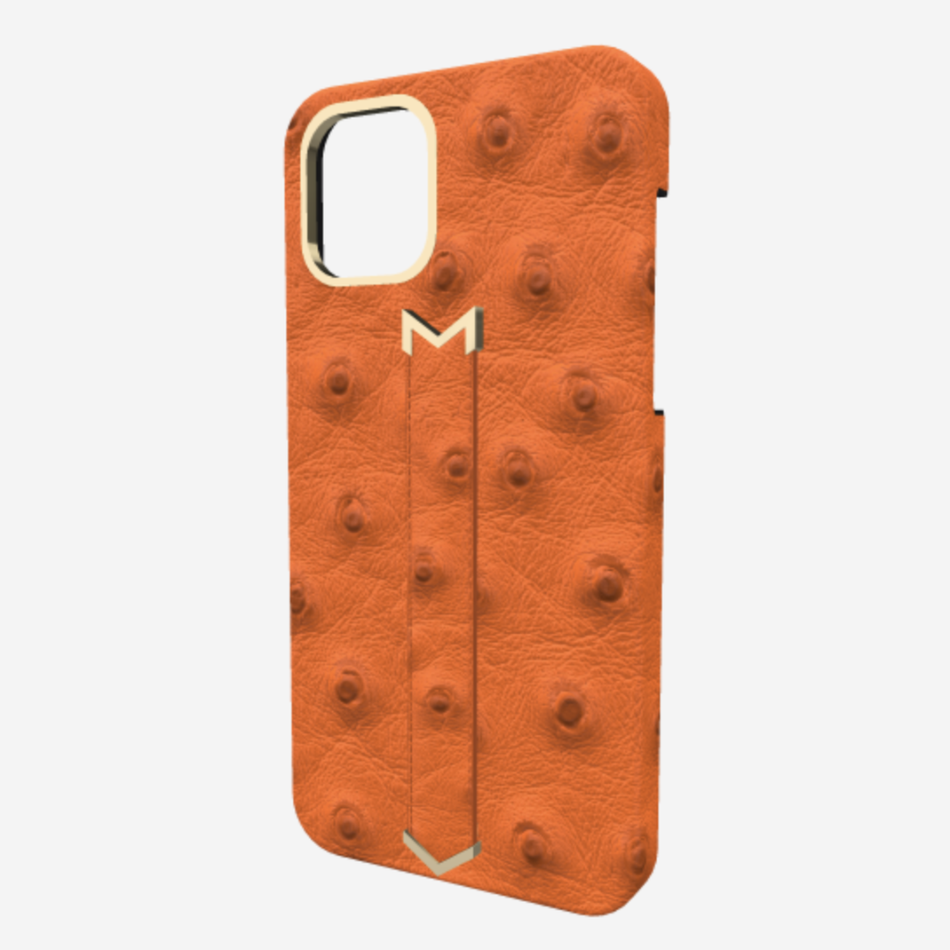 Finger Strap Case for iPhone 13 in Genuine Ostrich Orange Cocktail Yellow Gold 