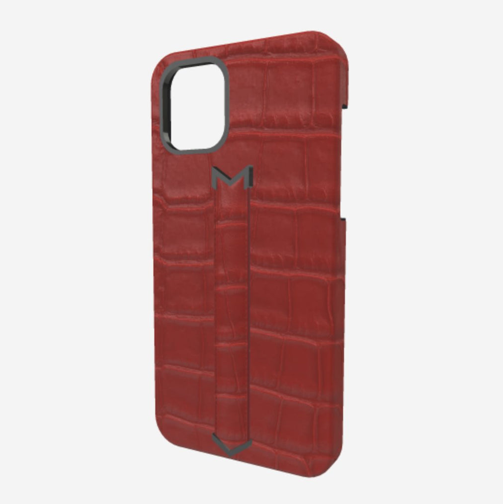 Finger Strap Case for iPhone 13 Pro in Genuine Alligator Coral Red Black Plating 