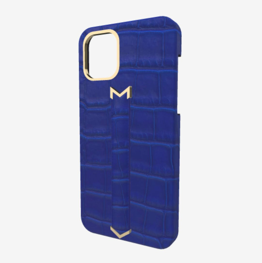 Finger Strap Case for iPhone 13 Pro in Genuine Alligator Electric Blue Yellow Gold 
