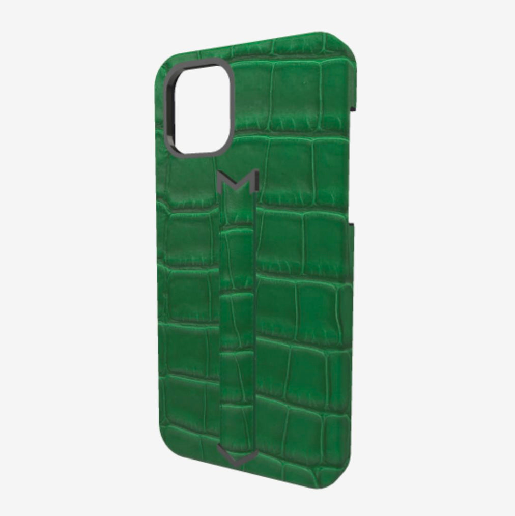 Finger Strap Case for iPhone 13 Pro in Genuine Alligator Emerald Green Black Plating 
