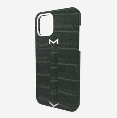 Finger Strap Case for iPhone 13 Pro in Genuine Alligator Jungle Green Steel 316 