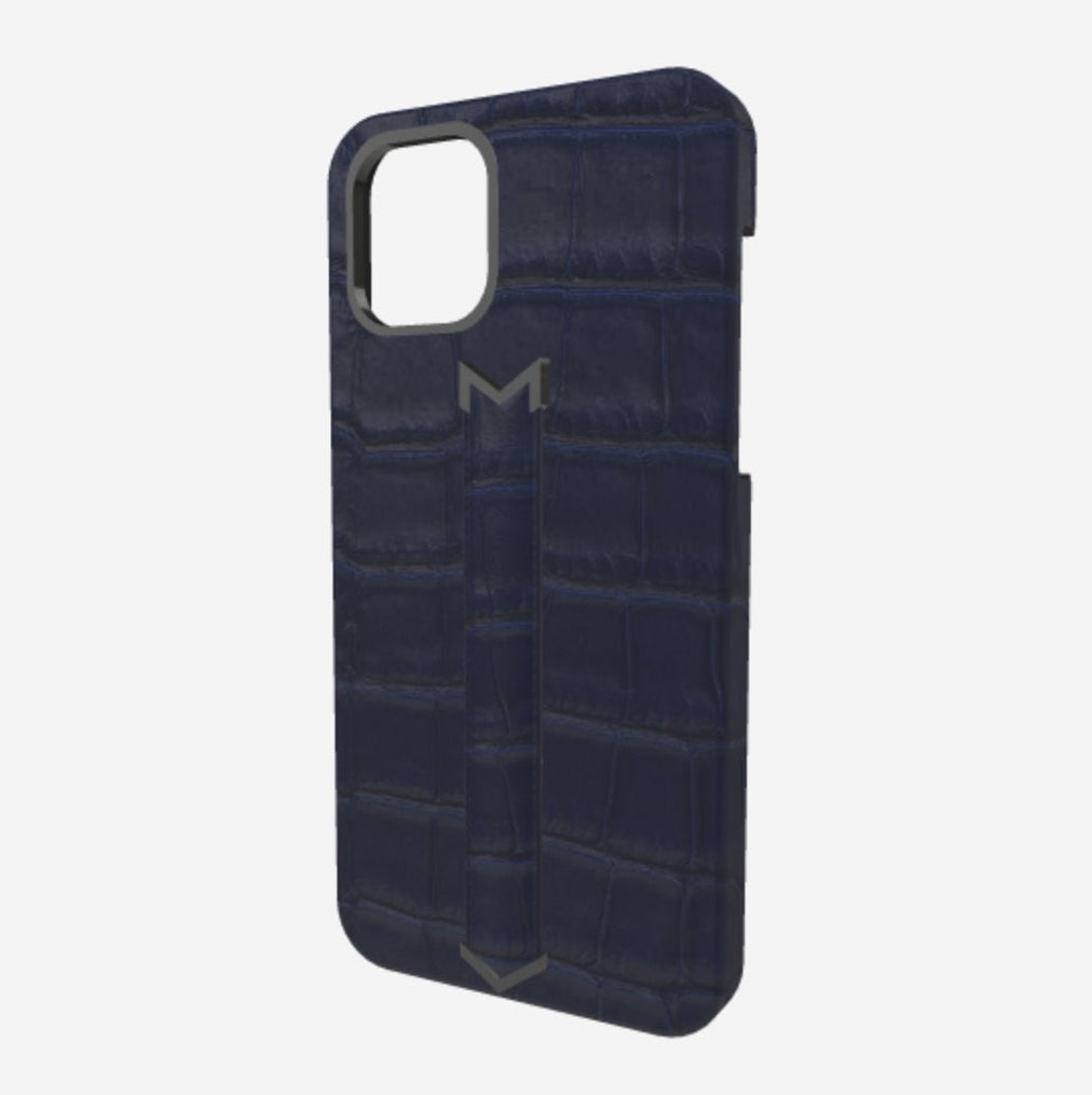 Finger Strap Case for iPhone 13 Pro in Genuine Alligator Navy Blue Black Plating 