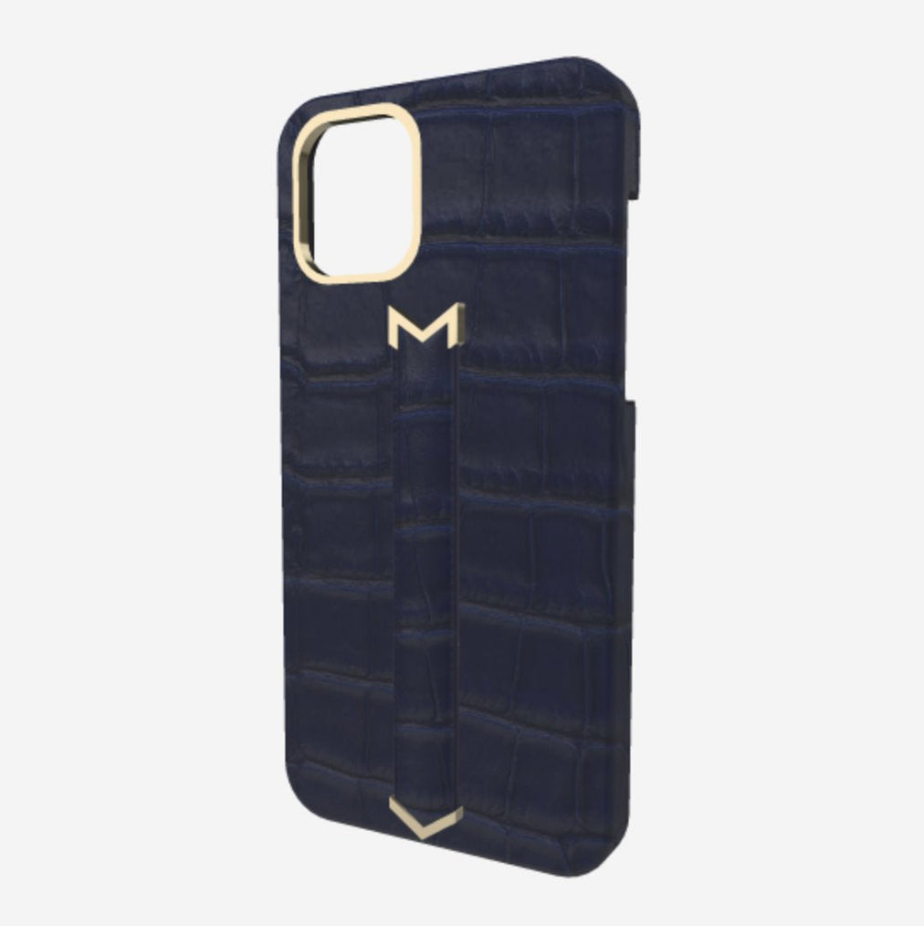 Finger Strap Case for iPhone 13 Pro in Genuine Alligator Navy Blue Yellow Gold 