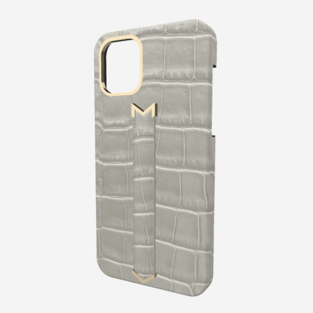 Finger Strap Case for iPhone 13 Pro in Genuine Alligator Pearl Grey Yellow Gold 