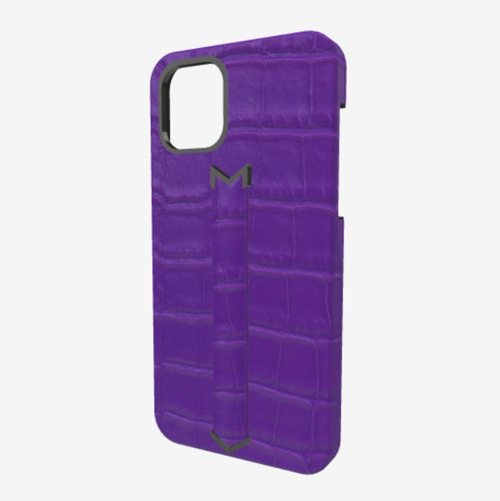 Finger Strap Case for iPhone 13 Pro in Genuine Alligator Purple Rain Black Plating 