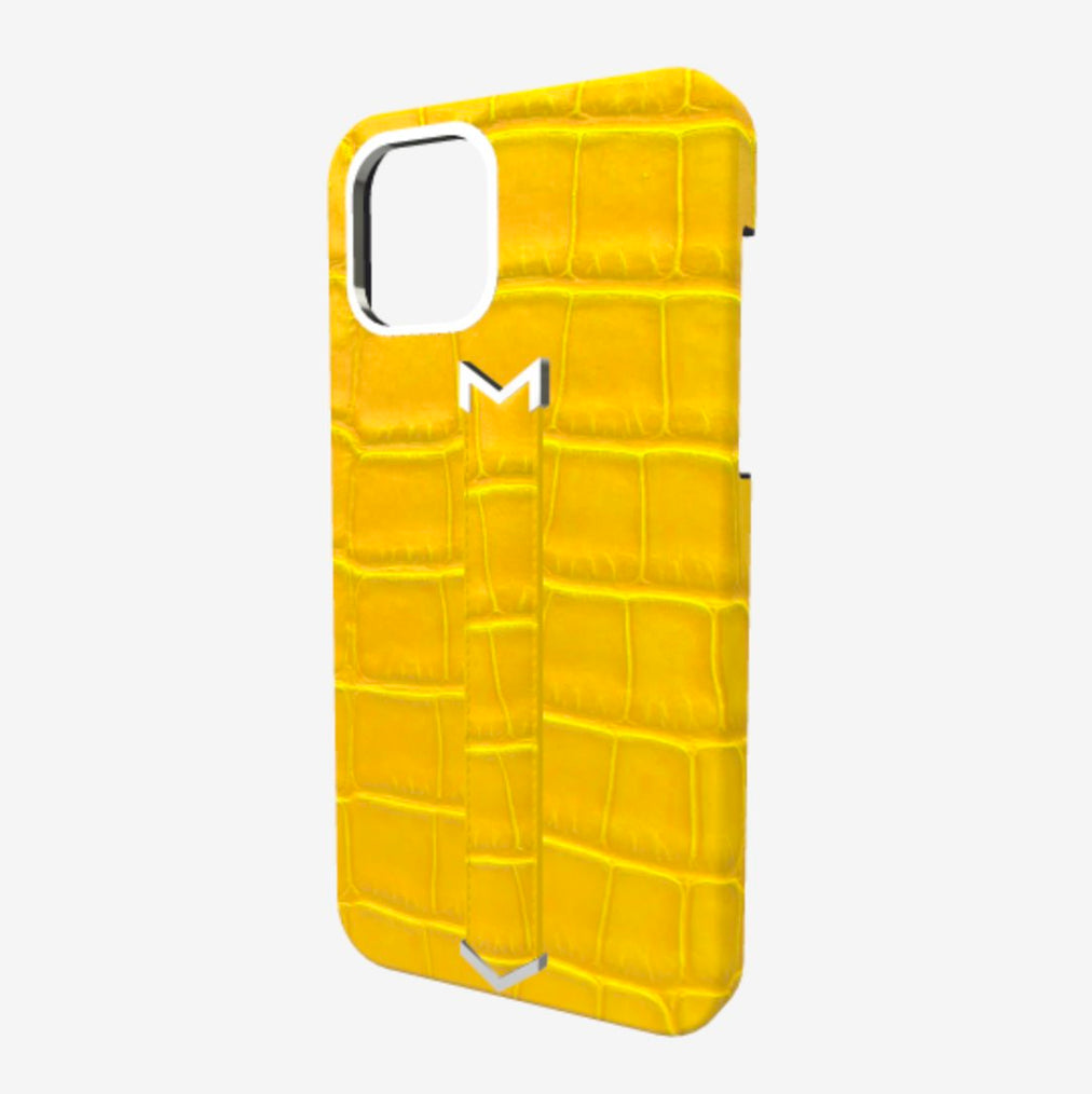 Finger Strap Case for iPhone 13 Pro in Genuine Alligator Summer Yellow Steel 316 